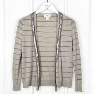 LOFT Cardigan S Petite Gray Striped Wool Blend Sequin Open Front Sweater